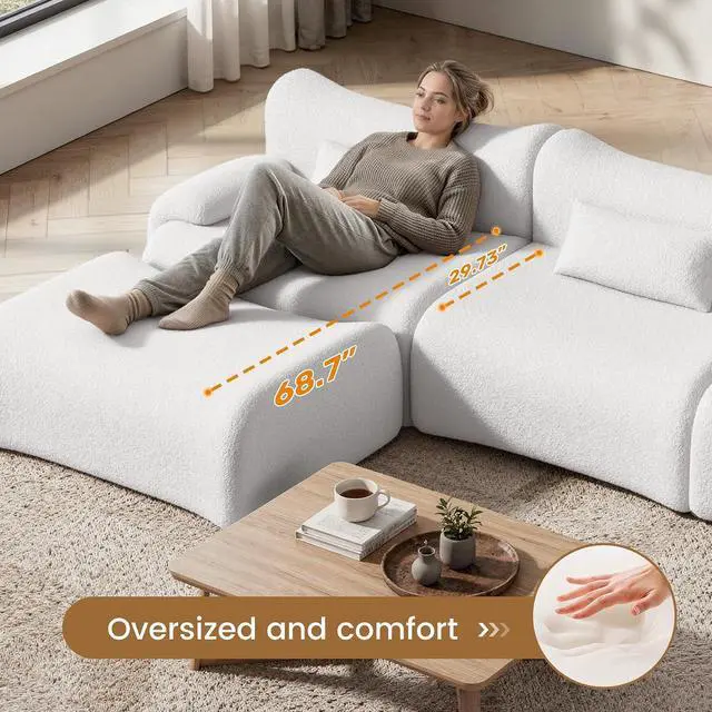 Alt view image 4 of 7 - 126" Cloud Couch Sectional, L Shaped Boneless Couches for Living Room - Oversized Modular Sofa with Deep Seats, Modern Couches with Movable Ottoman,White