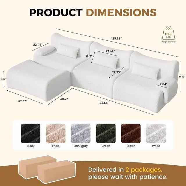 Alt view image 2 of 7 - 126" Cloud Couch Sectional, L Shaped Boneless Couches for Living Room - Oversized Modular Sofa with Deep Seats, Modern Couches with Movable Ottoman,White