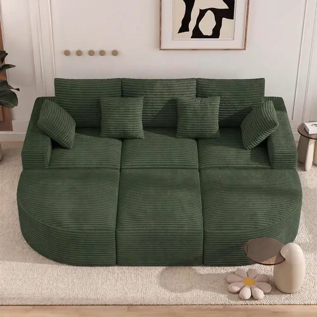 Main image of 120" Oversized Round Sofa Bed, Modular Sectional Cloud Couches for Living Room, Convertible Corduroy Boneless Couch Sleeper Sofa Set, No Assembly Required, Green 1 PCS