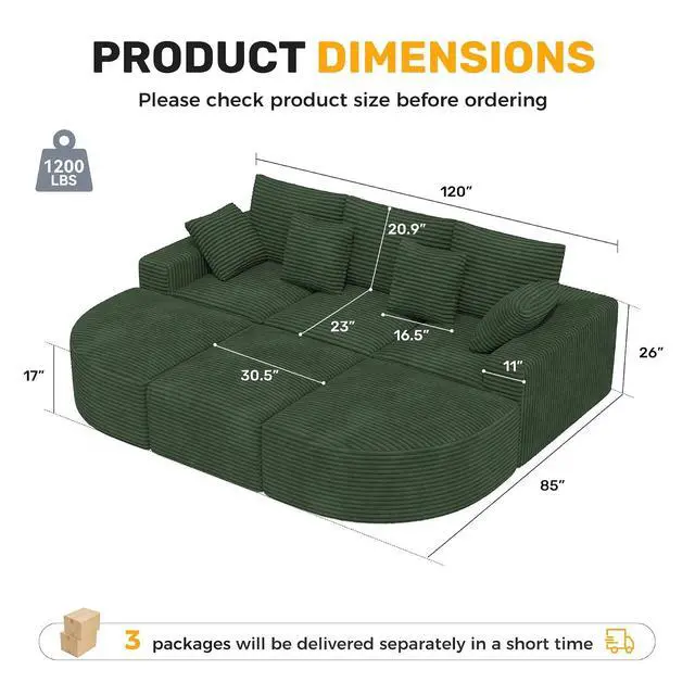 Alt view image 2 of 7 - 120" Oversized Round Sofa Bed, Modular Sectional Cloud Couches for Living Room, Convertible Corduroy Boneless Couch Sleeper Sofa Set, No Assembly Required, Green 1 PCS