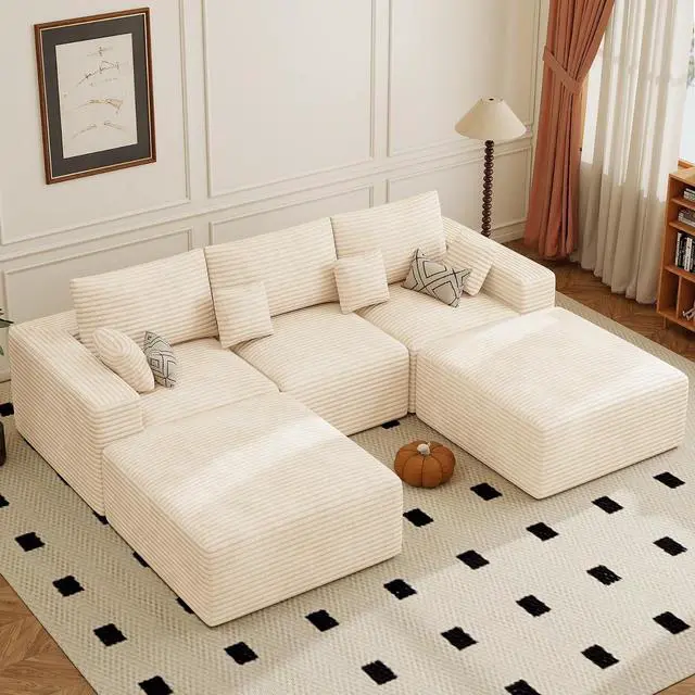 Main image of 113" Modular Sectional Sofa, Convertible U-Shaped Cloud Couches for Living Room with Ottoman, 5 Seater Corduroy Boneless Couch Sofa Set, No Assembly Required, Beige 1 PCS
