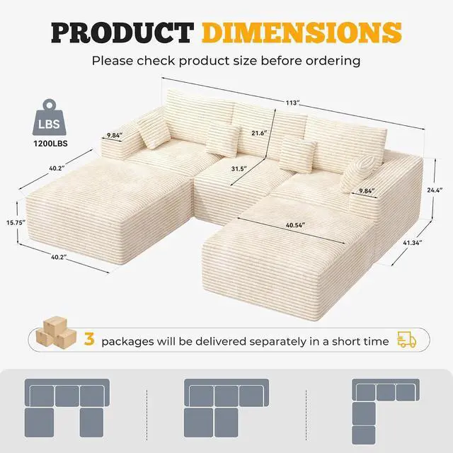 Alt view image 2 of 7 - 113" Modular Sectional Sofa, Convertible U-Shaped Cloud Couches for Living Room with Ottoman, 5 Seater Corduroy Boneless Couch Sofa Set, No Assembly Required, Beige 1 PCS