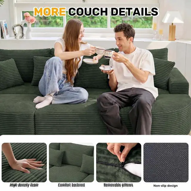Alt view image 4 of 7 - 120" Oversized Round Sofa Bed, Modular Sectional Cloud Couches for Living Room, Convertible Corduroy Boneless Couch Sleeper Sofa Set, No Assembly Required, Green 1 PCS