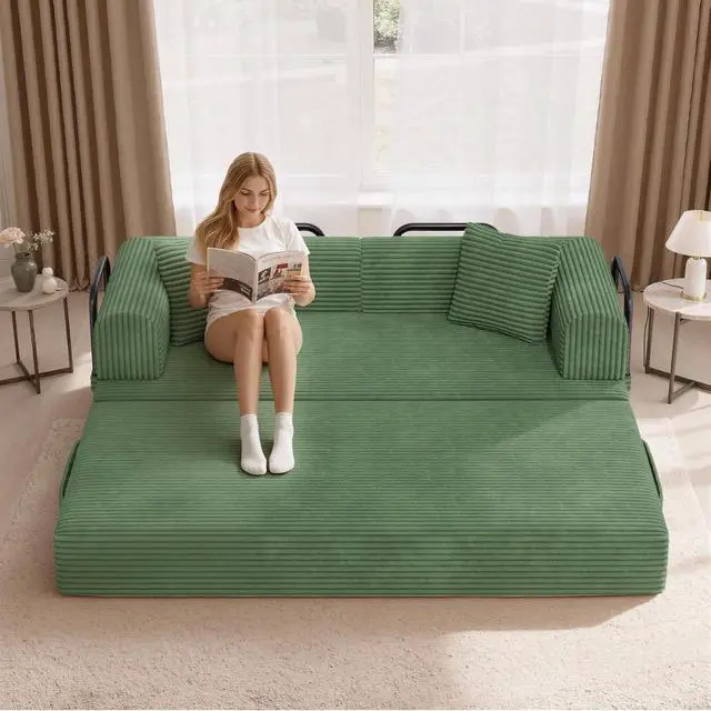 Alt view image 2 of 7 - Convertible Coarser Corduroy Sleeper Sofa Bed with Cylindrical Pillow, Folding Mattress Couch with Fixed-Shape Frame, Floor Sofa Lounge Couch for Living Room Bedroom Lounge Studio, Green