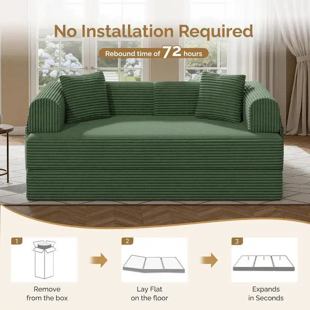 Alt view image 7 of 7 - Convertible Coarser Corduroy Sleeper Sofa Bed with Cylindrical Pillow, Folding Mattress Couch with Fixed-Shape Frame, Floor Sofa Lounge Couch for Living Room Bedroom Lounge Studio, Green