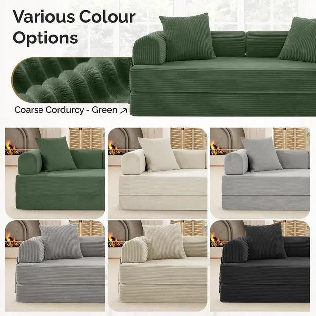 Alt view image 6 of 7 - Convertible Coarser Corduroy Sleeper Sofa Bed with Cylindrical Pillow, Folding Mattress Couch with Fixed-Shape Frame, Floor Sofa Lounge Couch for Living Room Bedroom Lounge Studio, Green