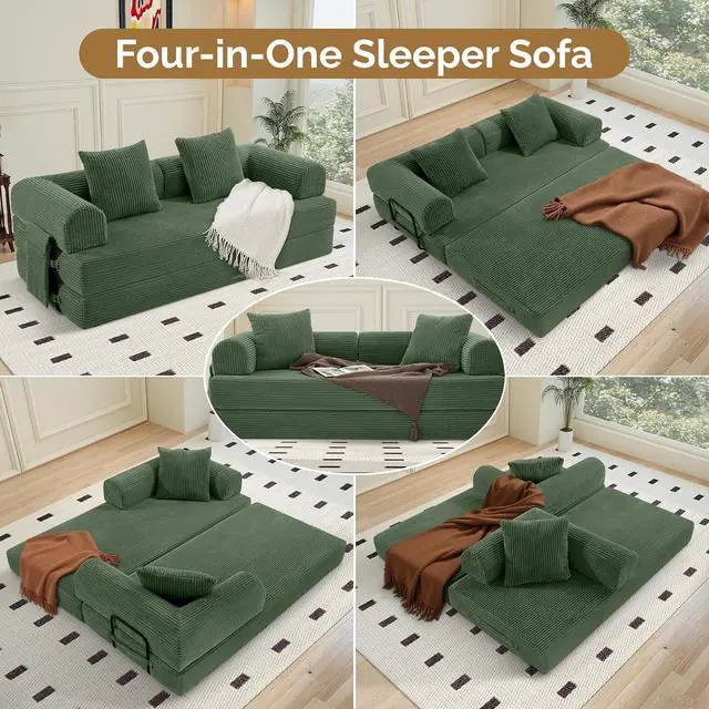 Alt view image 5 of 7 - Convertible Coarser Corduroy Sleeper Sofa Bed with Cylindrical Pillow, Folding Mattress Couch with Fixed-Shape Frame, Floor Sofa Lounge Couch for Living Room Bedroom Lounge Studio, Green