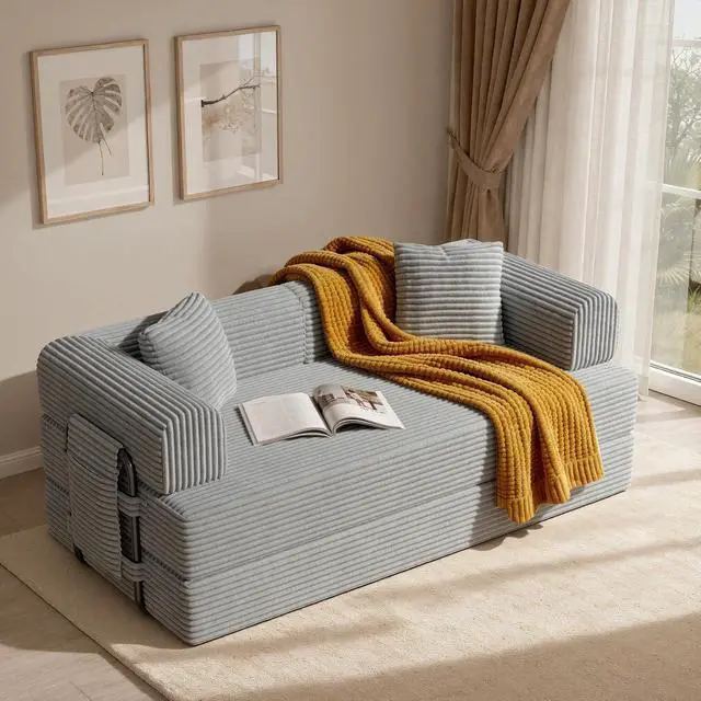Alt view image 2 of 7 - Convertible Coarser Corduroy Sleeper Sofa Bed with Cylindrical Pillow, Folding Mattress Couch with Fixed-Shape Frame, Floor Sofa Lounge Couch for Living Room Bedroom Lounge Studio, Grey