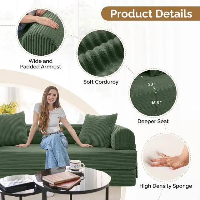 Alt view image 4 of 7 - Convertible Coarser Corduroy Sleeper Sofa Bed with Cylindrical Pillow, Folding Mattress Couch with Fixed-Shape Frame, Floor Sofa Lounge Couch for Living Room Bedroom Lounge Studio, Green