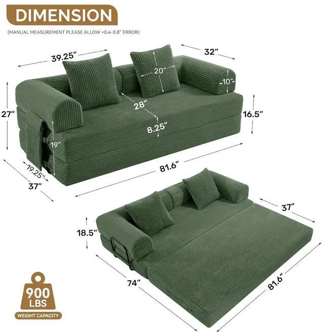 Alt view image 3 of 7 - Convertible Coarser Corduroy Sleeper Sofa Bed with Cylindrical Pillow, Folding Mattress Couch with Fixed-Shape Frame, Floor Sofa Lounge Couch for Living Room Bedroom Lounge Studio, Green