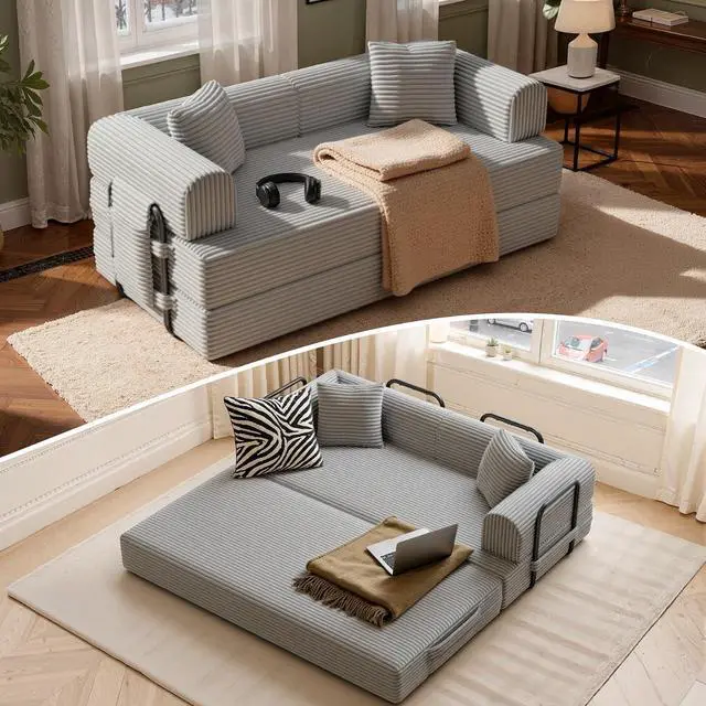 Main image of Convertible Coarser Corduroy Sleeper Sofa Bed with Cylindrical Pillow, Folding Mattress Couch with Fixed-Shape Frame, Floor Sofa Lounge Couch for Living Room Bedroom Lounge Studio, Grey