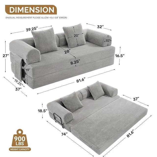 Alt view image 3 of 7 - Convertible Coarser Corduroy Sleeper Sofa Bed with Cylindrical Pillow, Folding Mattress Couch with Fixed-Shape Frame, Floor Sofa Lounge Couch for Living Room Bedroom Lounge Studio, Grey