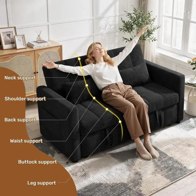 Alt view image 4 of 7 - Convertible Sofa Bed 3-in-1, Pull Out Sleeper Couch with Adjustable Backrest, Loveseat Sofa with Side Storage Pockets,Couch for Apartment, Office, Easy Assembly,Black