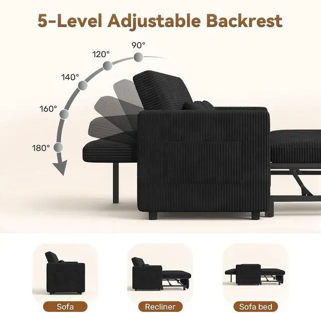 Alt view image 5 of 7 - Convertible Sofa Bed 3-in-1, Pull Out Sleeper Couch with Adjustable Backrest, Loveseat Sofa with Side Storage Pockets,Couch for Apartment, Office, Easy Assembly,Black