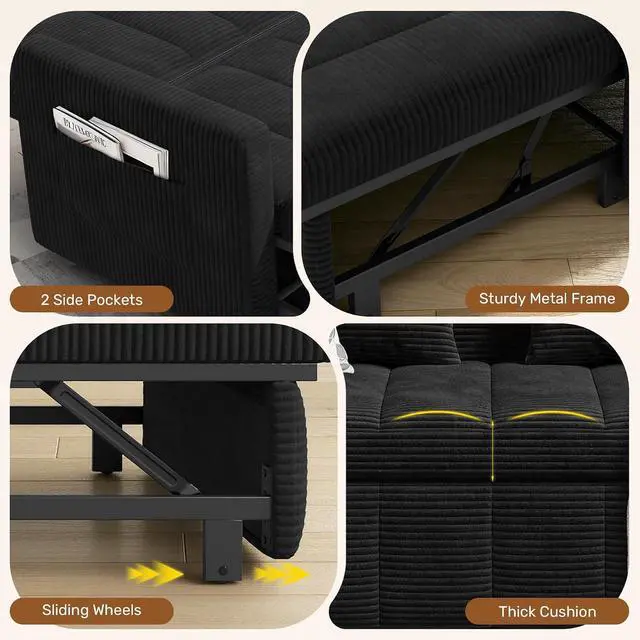 Alt view image 6 of 7 - Convertible Sofa Bed 3-in-1, Pull Out Sleeper Couch with Adjustable Backrest, Loveseat Sofa with Side Storage Pockets,Couch for Apartment, Office, Easy Assembly,Black