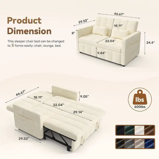 Alt view image 2 of 7 - Convertible Sofa Bed 3-in-1, Pull Out Sleeper Couch with Adjustable Backrest, Loveseat Sofa with Side Storage Pockets,Couch for Apartment, Office, Easy Assembly,Beige
