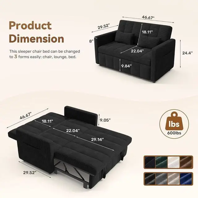 Alt view image 2 of 7 - Convertible Sofa Bed 3-in-1, Pull Out Sleeper Couch with Adjustable Backrest, Loveseat Sofa with Side Storage Pockets,Couch for Apartment, Office, Easy Assembly,Black