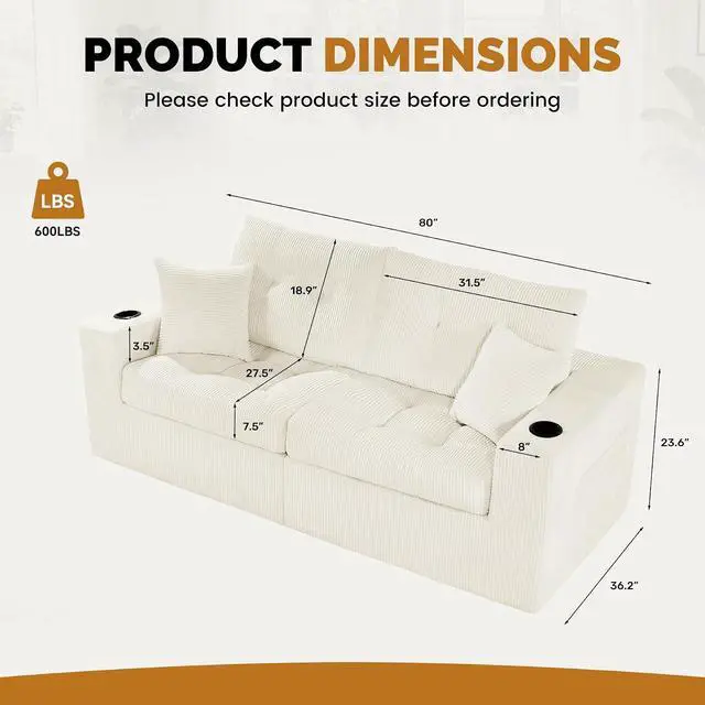 Alt view image 2 of 7 - 80" Boneless Loveseat Sofa, Cloud Couch with Layered Cushion, Small Couch Compressed Foam Sofa for Living Room, Apartment, Office, Beige Corduroy