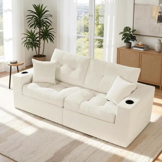 Alt view image 3 of 7 - 80" Boneless Loveseat Sofa, Cloud Couch with Layered Cushion, Small Couch Compressed Foam Sofa for Living Room, Apartment, Office, Beige Corduroy