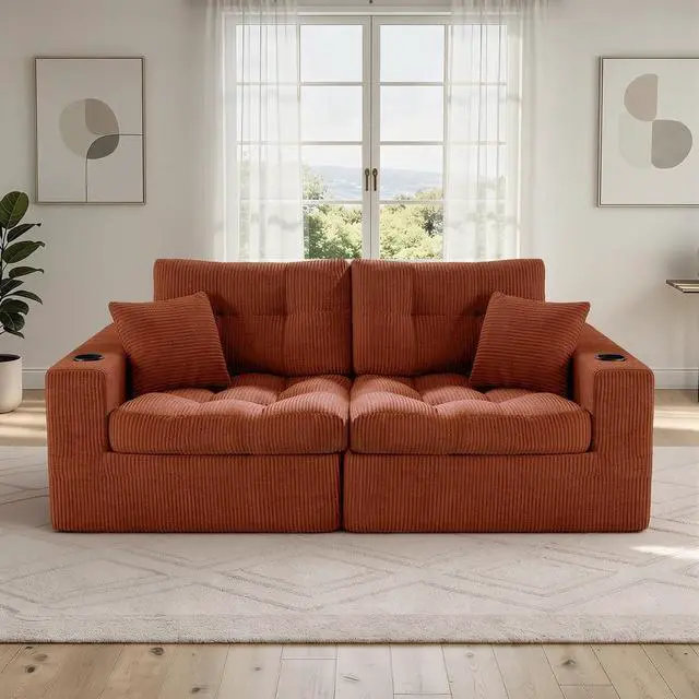 Main image of 80" Boneless Loveseat Sofa, Cloud Couch with Layered Cushion, Small Couch Compressed Foam Sofa for Living Room, Apartment, Office, Reddish Brown Corduroy