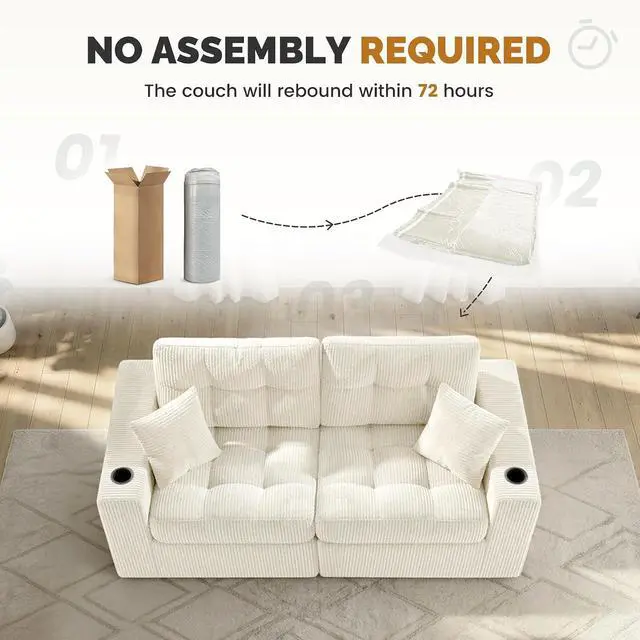 Alt view image 7 of 7 - 80" Boneless Loveseat Sofa, Cloud Couch with Layered Cushion, Small Couch Compressed Foam Sofa for Living Room, Apartment, Office, Beige Corduroy