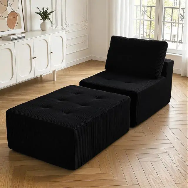 Alt view image 3 of 7 - 31'' Cloud Single Sofa with Ottoman, Modern Modular Sectional Sofa for Living Room, Apartment, No Assembly Needed, Black Corduroy