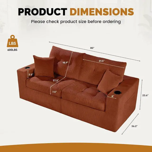 Alt view image 2 of 7 - 80" Boneless Loveseat Sofa, Cloud Couch with Layered Cushion, Small Couch Compressed Foam Sofa for Living Room, Apartment, Office, Reddish Brown Corduroy
