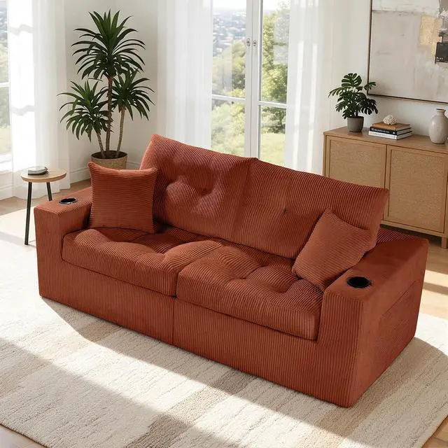 Alt view image 3 of 7 - 80" Boneless Loveseat Sofa, Cloud Couch with Layered Cushion, Small Couch Compressed Foam Sofa for Living Room, Apartment, Office, Reddish Brown Corduroy