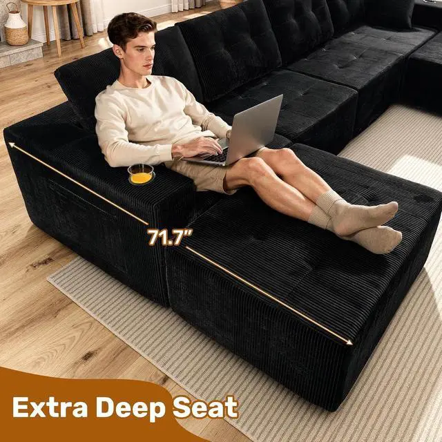 Alt view image 6 of 7 - 31'' Cloud Single Sofa with Ottoman, Modern Modular Sectional Sofa for Living Room, Apartment, No Assembly Needed, Black Corduroy