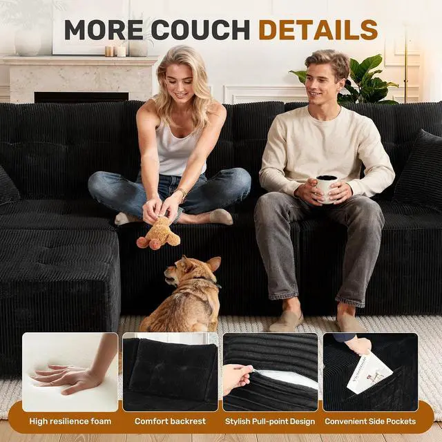 Alt view image 5 of 7 - 31'' Cloud Single Sofa with Ottoman, Modern Modular Sectional Sofa for Living Room, Apartment, No Assembly Needed, Black Corduroy