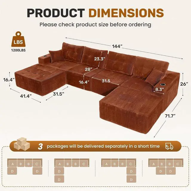 Alt view image 2 of 7 - 143" Modular Sectional Sofa for Living Room, Convertible U-Shape Couch with Ottoman,Modular Sectional Sofa,Reddish Brown Corduroy