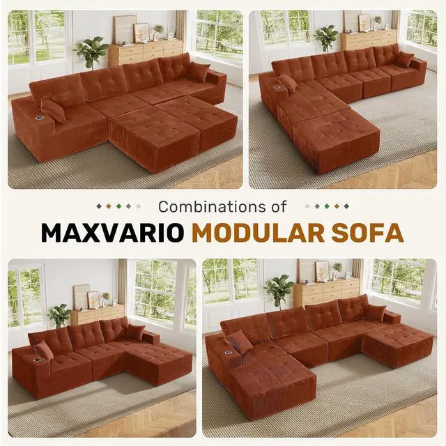 Alt view image 5 of 7 - 143" Modular Sectional Sofa for Living Room, Convertible U-Shape Couch with Ottoman,Modular Sectional Sofa,Reddish Brown Corduroy