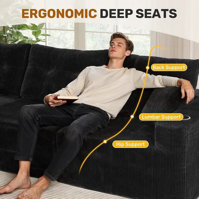 Alt view image 4 of 7 - 31'' Cloud Single Sofa with Ottoman, Modern Modular Sectional Sofa for Living Room, Apartment, No Assembly Needed, Black Corduroy