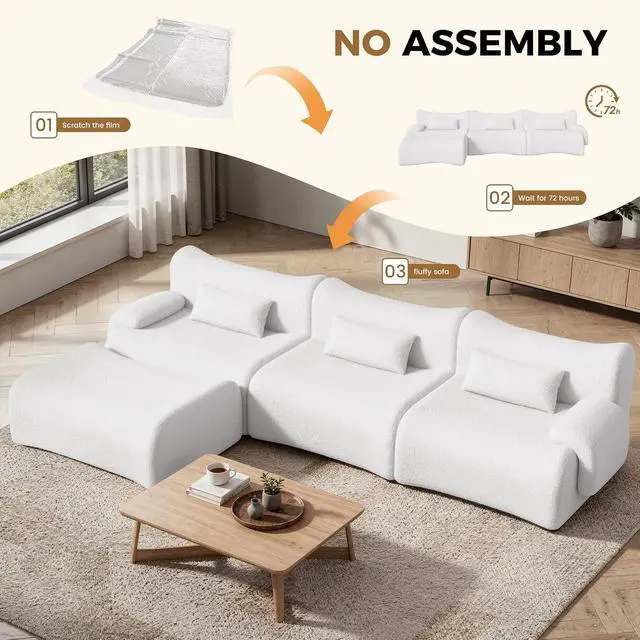 Alt view image 6 of 7 - 126" Cloud Couch Sectional, L Shaped Boneless Couches for Living Room - Oversized Modular Sofa with Deep Seats, Modern Couches with Movable Ottoman,White