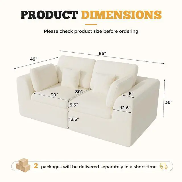 Alt view image 2 of 7 - 85'' Loveseat Sofa, Cloud Boneless Couches for Living Room, 2 Seater Modular Sectional Sofa,Oversized,Beige Chenille