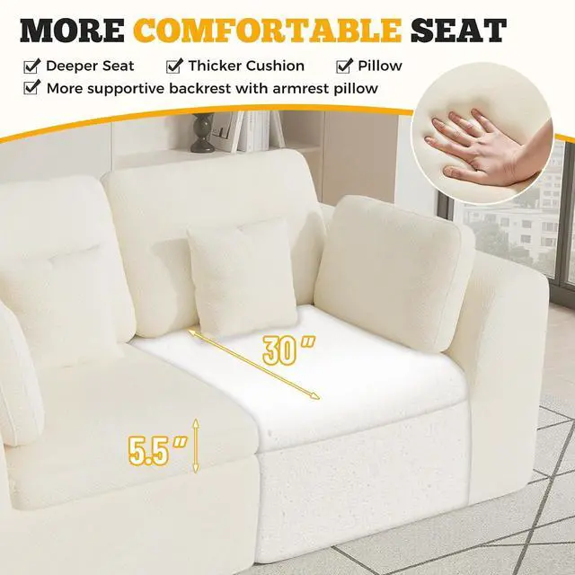 Alt view image 6 of 7 - 85'' Loveseat Sofa, Cloud Boneless Couches for Living Room, 2 Seater Modular Sectional Sofa,Oversized,Beige Chenille