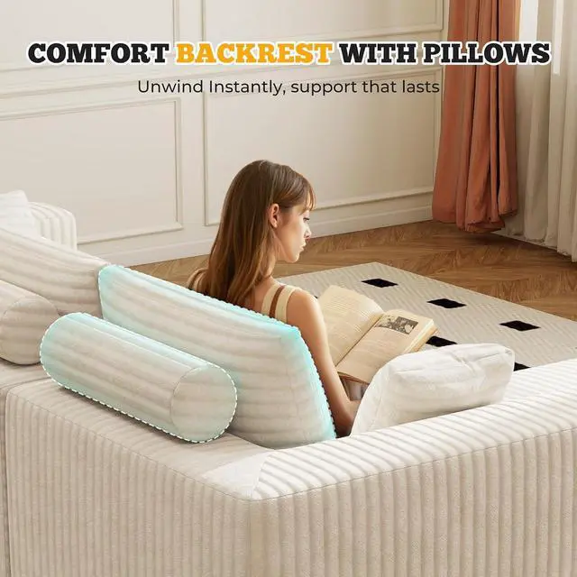 Alt view image 4 of 7 - 113" Modular Sectional Sofa Bed, Convertible Cloud Couches for Living Room with Ottoman, 6 Seater Corduroy Boneless Couch Sleeper Sofa Set, No Assembly Required, Beige 1 PCS