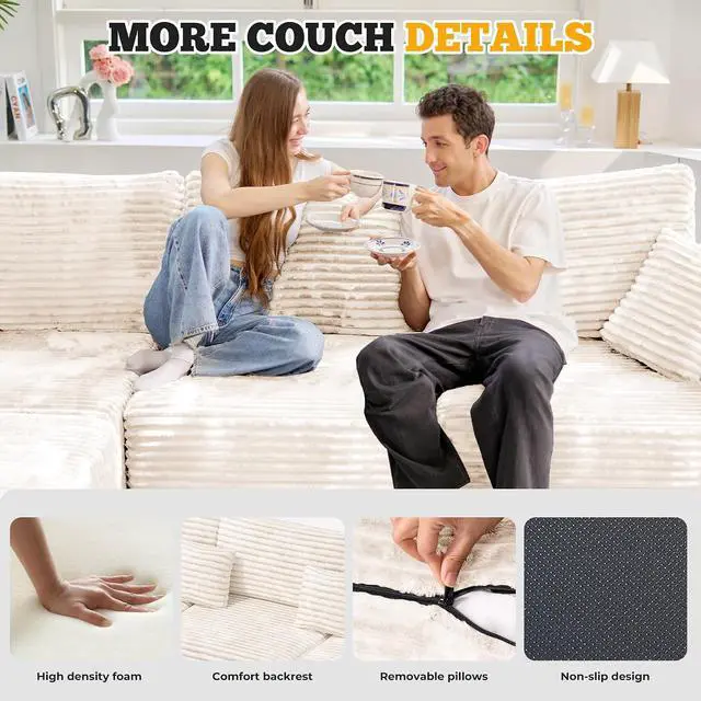 Alt view image 6 of 7 - 113" Modular Sectional Sofa Bed, Convertible Cloud Couches for Living Room with Ottoman, 6 Seater Corduroy Boneless Couch Sleeper Sofa Set, No Assembly Required, Beige 1 PCS