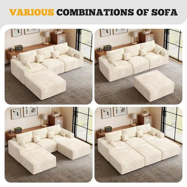 Alt view image 7 of 7 - 146" Modular Sectional Sofa, Convertible U-Shaped Cloud Couches for Living Room with Ottoman, 6 Seater Corduroy Boneless Couch Sofa Set, No Assembly Required, Beige 1 PCS