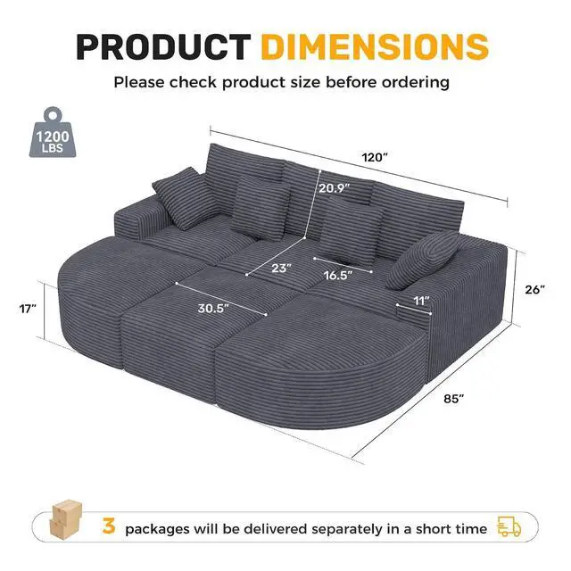 Alt view image 2 of 7 - 120" Oversized Round Sofa Bed, Modular Sectional Cloud Couches for Living Room, Convertible Corduroy Boneless Couch Sleeper Sofa Set, No Assembly Required, Grey 1 PCS