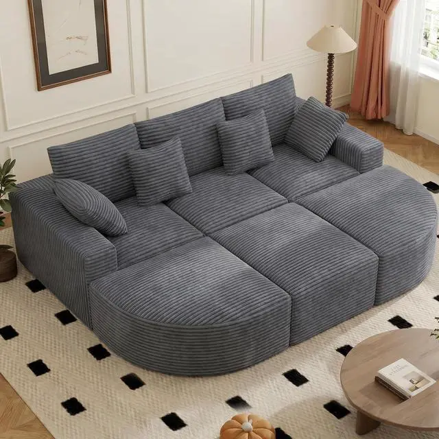 Main image of 120" Oversized Round Sofa Bed, Modular Sectional Cloud Couches for Living Room, Convertible Corduroy Boneless Couch Sleeper Sofa Set, No Assembly Required, Grey 1 PCS
