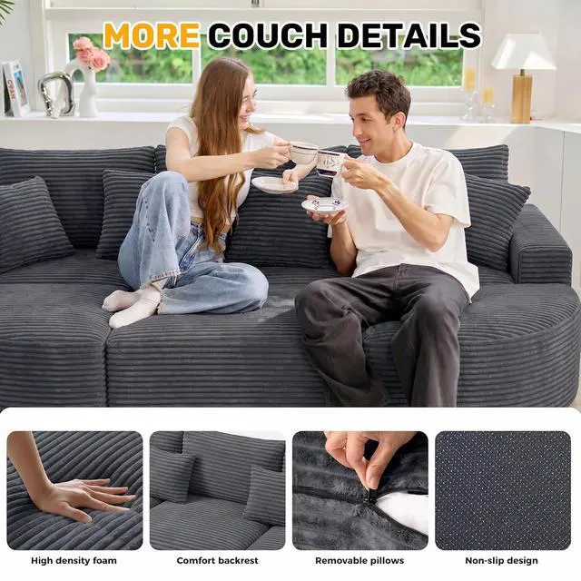Alt view image 4 of 7 - 120" Oversized Round Sofa Bed, Modular Sectional Cloud Couches for Living Room, Convertible Corduroy Boneless Couch Sleeper Sofa Set, No Assembly Required, Grey 1 PCS