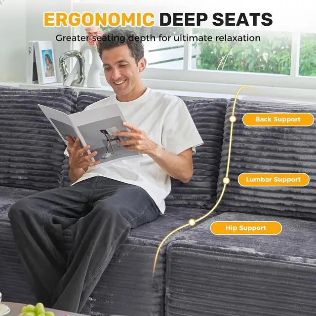 Alt view image 3 of 7 - 120" Oversized Round Sofa Bed, Modular Sectional Cloud Couches for Living Room, Convertible Corduroy Boneless Couch Sleeper Sofa Set, No Assembly Required, Grey 1 PCS