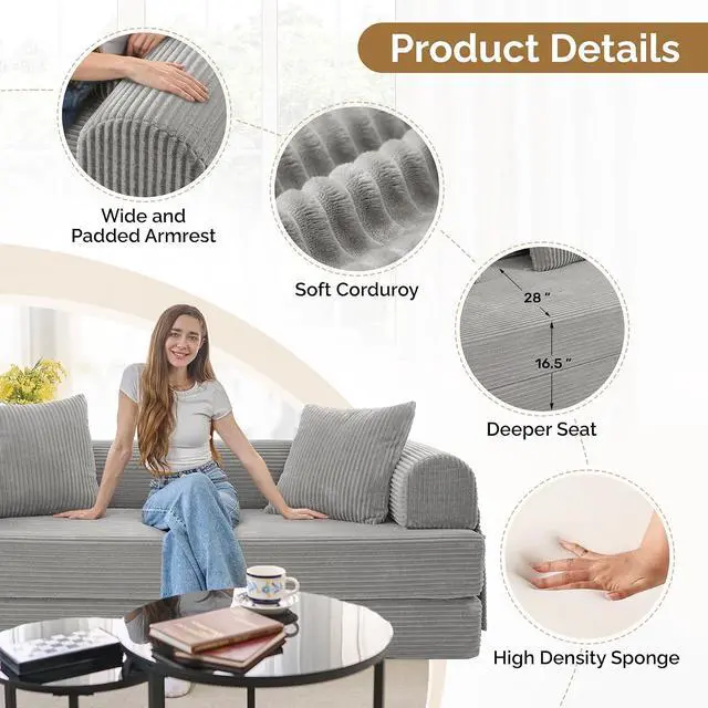 Alt view image 4 of 7 - Convertible Coarser Corduroy Sleeper Sofa Bed with Cylindrical Pillow, Folding Mattress Couch with Fixed-Shape Frame, Floor Sofa Lounge Couch for Living Room Bedroom Lounge Studio, Grey