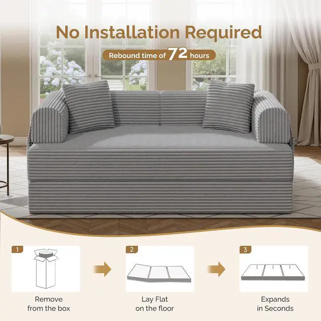 Alt view image 7 of 7 - Convertible Coarser Corduroy Sleeper Sofa Bed with Cylindrical Pillow, Folding Mattress Couch with Fixed-Shape Frame, Floor Sofa Lounge Couch for Living Room Bedroom Lounge Studio, Grey