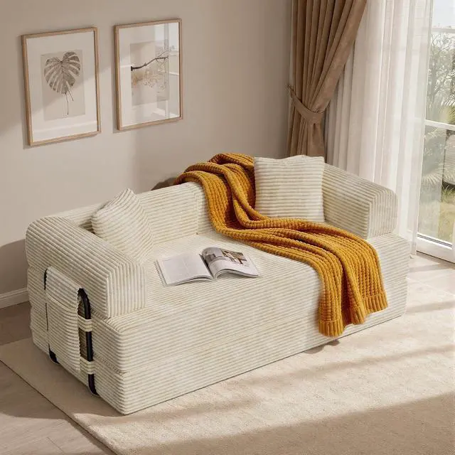 Alt view image 2 of 7 - Convertible Coarser Corduroy Sleeper Sofa Bed with Cylindrical Pillow, Folding Mattress Couch with Fixed-Shape Frame, Floor Sofa Lounge Couch for Living Room Bedroom Lounge Studio, Beige