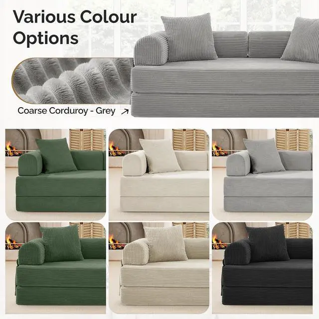 Alt view image 6 of 7 - Convertible Coarser Corduroy Sleeper Sofa Bed with Cylindrical Pillow, Folding Mattress Couch with Fixed-Shape Frame, Floor Sofa Lounge Couch for Living Room Bedroom Lounge Studio, Grey