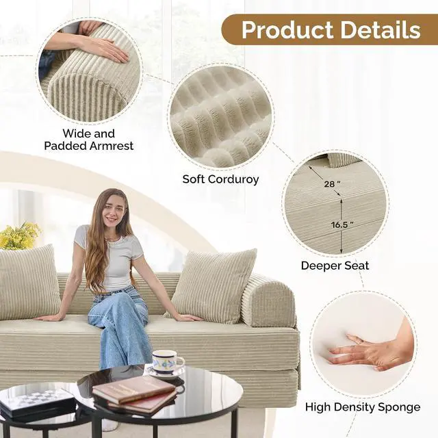 Alt view image 4 of 7 - Convertible Coarser Corduroy Sleeper Sofa Bed with Cylindrical Pillow, Folding Mattress Couch with Fixed-Shape Frame, Floor Sofa Lounge Couch for Living Room Bedroom Lounge Studio, Beige