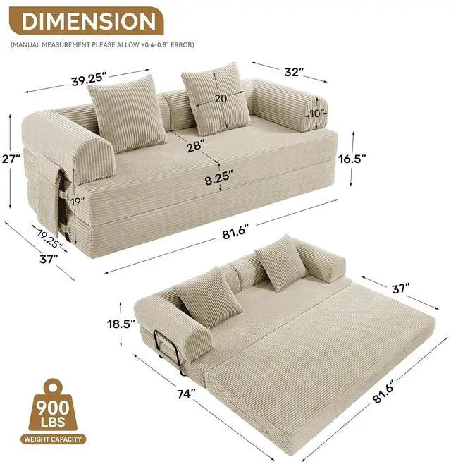 Alt view image 3 of 7 - Convertible Coarser Corduroy Sleeper Sofa Bed with Cylindrical Pillow, Folding Mattress Couch with Fixed-Shape Frame, Floor Sofa Lounge Couch for Living Room Bedroom Lounge Studio, Beige