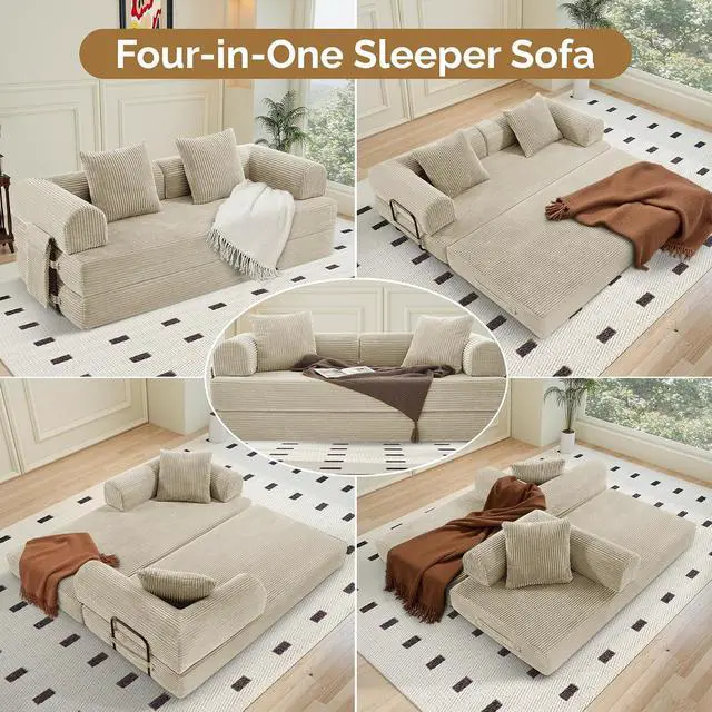 Alt view image 5 of 7 - Convertible Coarser Corduroy Sleeper Sofa Bed with Cylindrical Pillow, Folding Mattress Couch with Fixed-Shape Frame, Floor Sofa Lounge Couch for Living Room Bedroom Lounge Studio, Beige